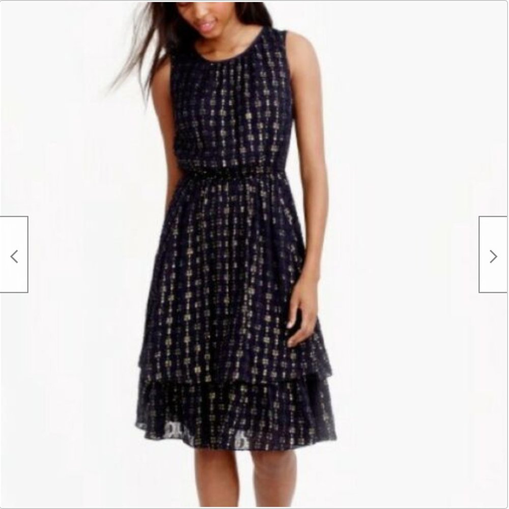 J.Crew Metallic Dot Navy Dress with Flounce Skirt